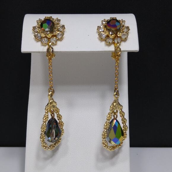 Vintage Czech Peacock Bead Dangle Earrings Floral Rhinestone Gold Tone 1960s - Picture 10 of 10